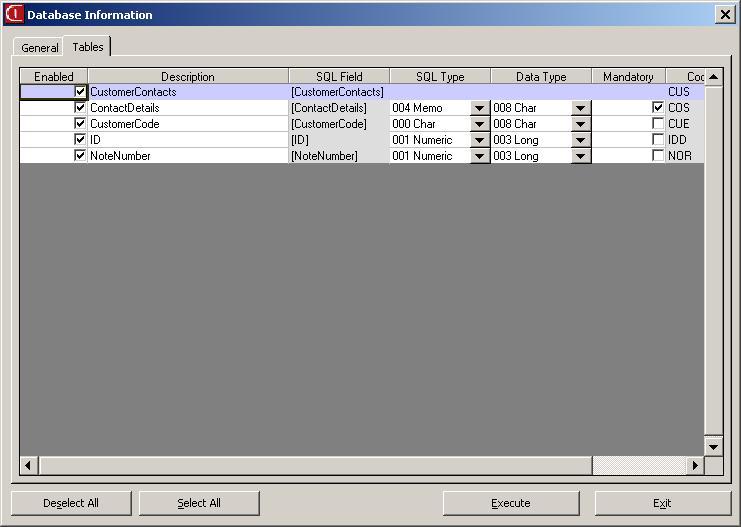 database information tables tab